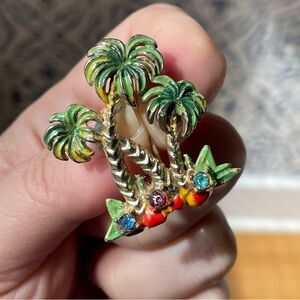 Vintage painted palm tree tropical brooch w/ rhinestones